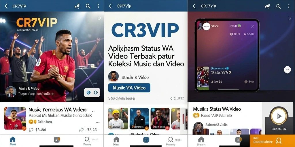 Antarmuka aplikasi CR7VIP yang menarik dengan berbagai pilihan status video.