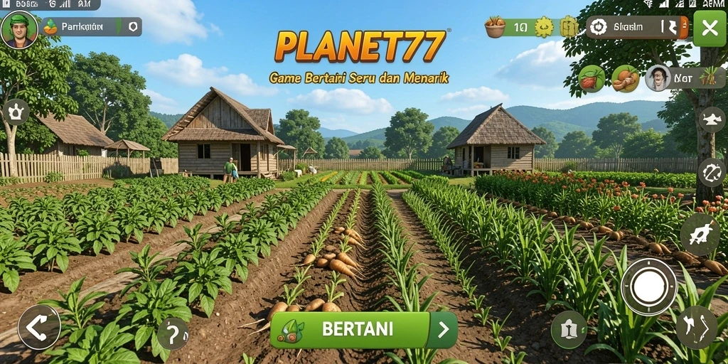 Antarmuka permainan PLANET77 yang menampilkan aktivitas bertani yang menyenangkan.